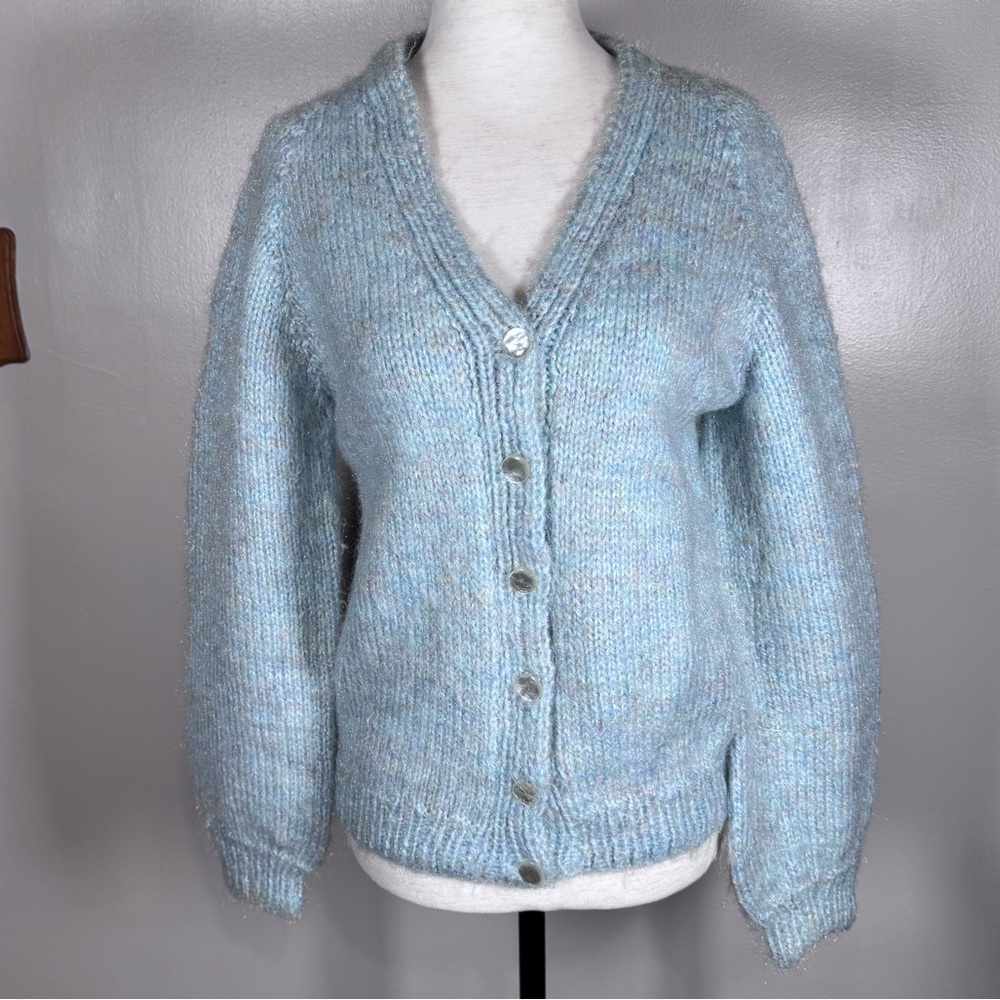 Vintage Hand Knit Hand Made Blue Fuzzy Acrylic Cozy Cardigan Sweater Approx Sz M
